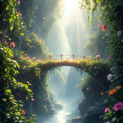 The primary subject of the image is a bridge surrounded by lush greenery, including trees and flowers. The bridge is made of wood and appears to be a part of a forest. The setting is a serene, natural environment with a waterfall nearby. The visual style is a digital art or illustration, creating a vibrant and colorful atmosphere. The dominant colors are green, blue, and pink, reflecting the beauty of the forest and the waterfall.